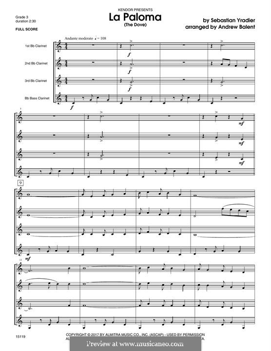 La Paloma (Die Taube): For clarinets – full score by Sebastián Yradier