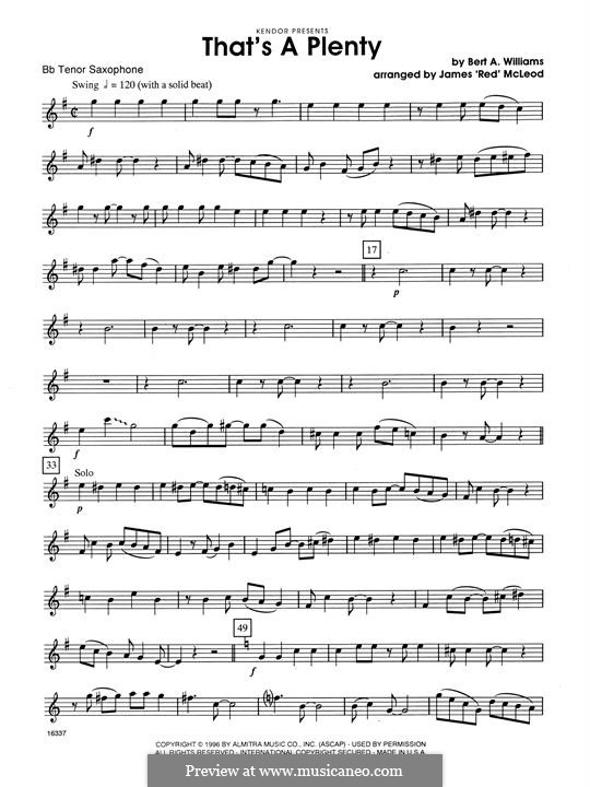 That's A Plenty: Bb Tenor Saxophone part by Bert Williams