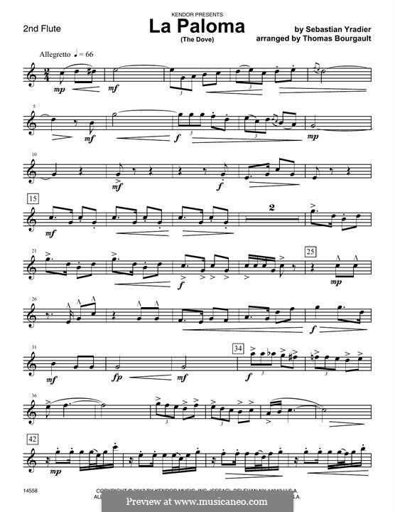La Paloma (Die Taube): For flutes – 2nd Flute part by Sebastián Yradier