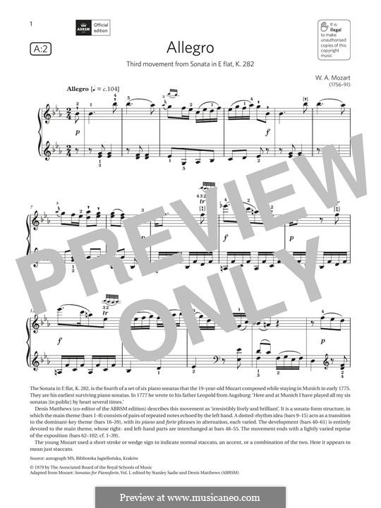 Sonate für Klavier Nr.4 in Es-Dur, K.282: Allegro by Wolfgang Amadeus Mozart