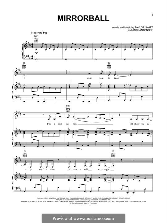 Mirrorball (Taylor Swift): Für Stimme und Klavier (oder Gitarre) by Jack Antonoff