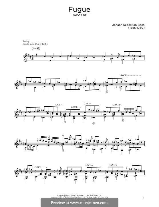 Präludium, Fuge und Allegro, BWV 998: Fugue, for guitar by Johann Sebastian Bach