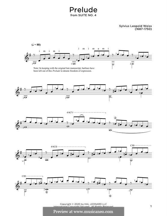 Suite Nr.4 in F-Dur für Laute (nach dem Dresdner Manuskript): Prelude, for guitar by Silvius Leopold Weiss