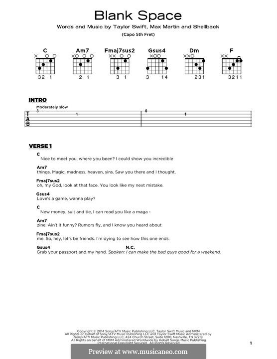 Blank Space: Lyrics and guitar chords by Shellback, Max Martin, Taylor Swift