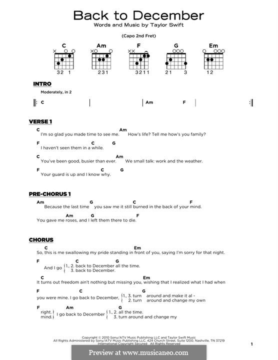 Back to December: Lyrics and guitar chords by Taylor Swift