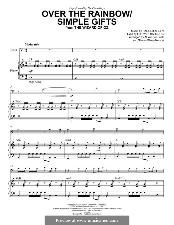 Over The Rainbow / Simple Gifts (The Piano Guys): Für Cello und Klavier by Harold Arlen