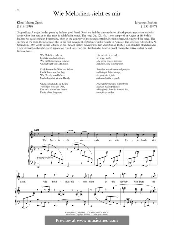 Fünf Gesänge, Op.105: No.1 Wie Melodien zieht es mir by Johannes Brahms