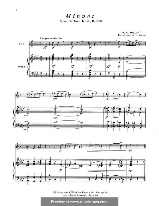 Sinfonie Nr.35 in D-Dur 'Haffner', K.385: Minuet. Arrangement for alto saxophone and piano by Wolfgang Amadeus Mozart