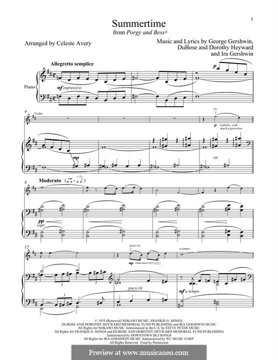 Summertime, for two instruments: Für Violine und Klavier by George Gershwin