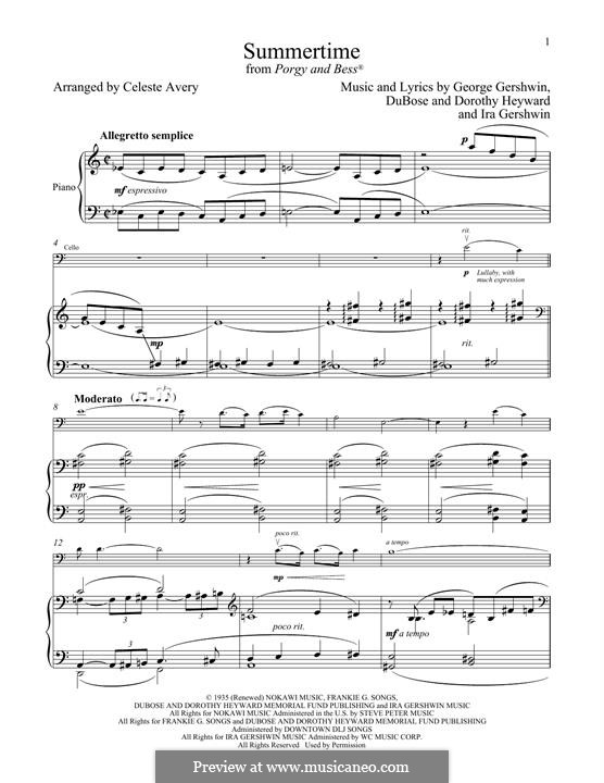 Summertime, for two instruments: Für Cello und Klavier by George Gershwin
