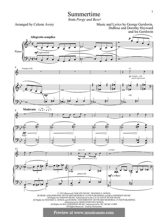 Summertime, for two instruments: For trumpet and piano by George Gershwin