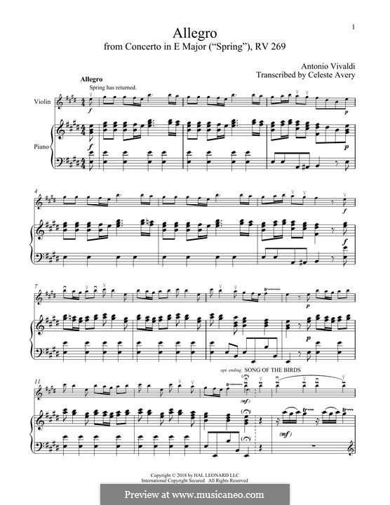 Violin Concerto No.1 in E Major 'La primavera' (Printable Scores), RV 269: Movement 1 Allegro, for violin and piano by Antonio Vivaldi