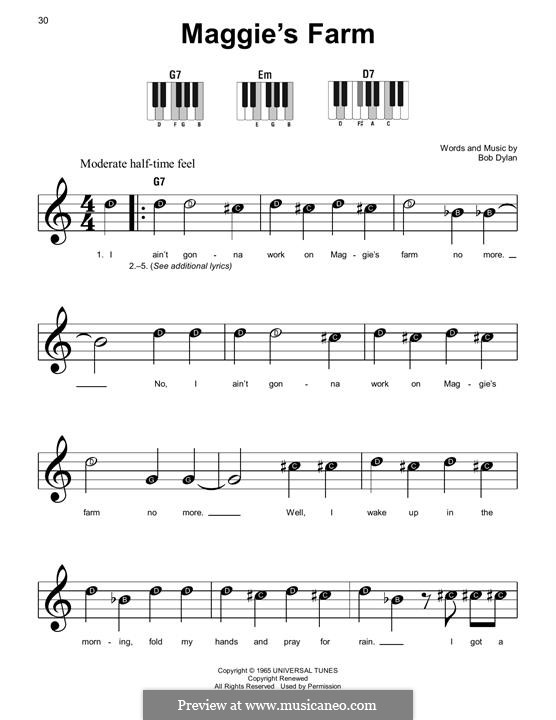 Maggie's Farm: Für Klavier, leicht by Bob Dylan