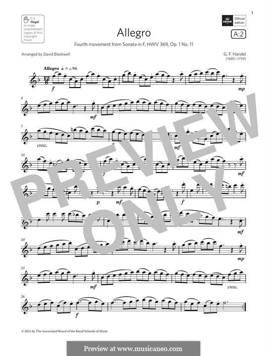Sonate für Flöte und Cembalo in F-Dur, HWV 369 Op.1 No.11: Allegro, for alto saxophone by Georg Friedrich Händel