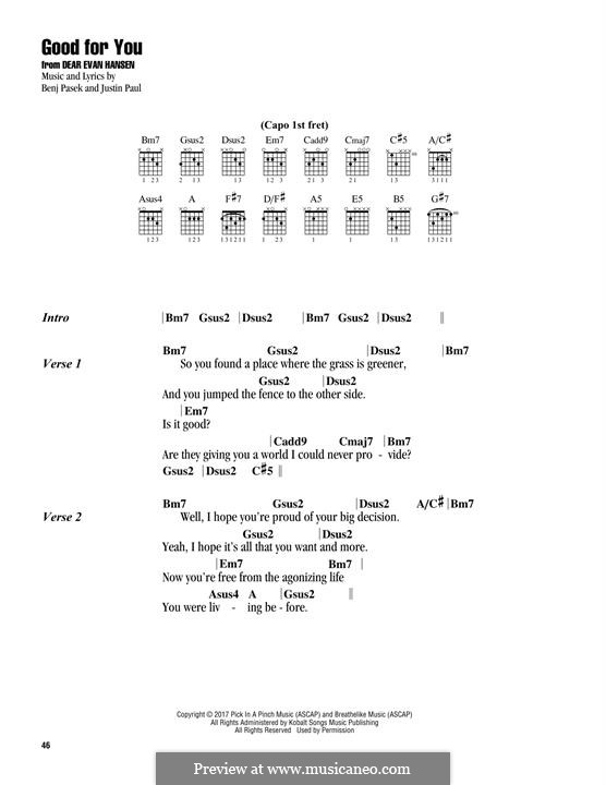 Good for You (from Dear Evan Hansen): Lyrics and guitar chords by Justin Paul, Benj Pasek