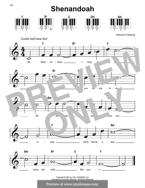 Oh Shenendoah (Shenandoah) Printable Scores: Für Klavier, leicht by folklore