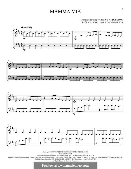 Mamma Mia (ABBA): For violin and cello by Benny Andersson, Björn Ulvaeus, Stig Anderson