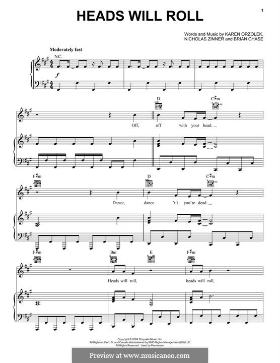 Heads Will Roll (Yeah Yeah Yeahs): Für Stimme und Klavier (oder Gitarre) by Brian Chase, Karen O, Nicholas Zinner