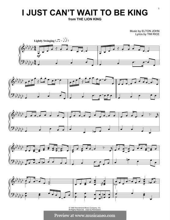 I Just Can't Wait To Be King (from The Lion King): Für Klavier by Elton John
