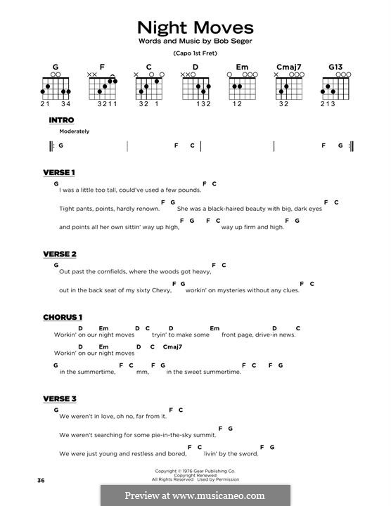 Night Moves: Lyrics and guitar chords by Bob Seger