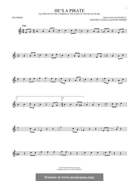 He's a Pirate (from Pirates of the Caribbean: The Curse of the Black Pearl): Für Blockflöte by Klaus Badelt