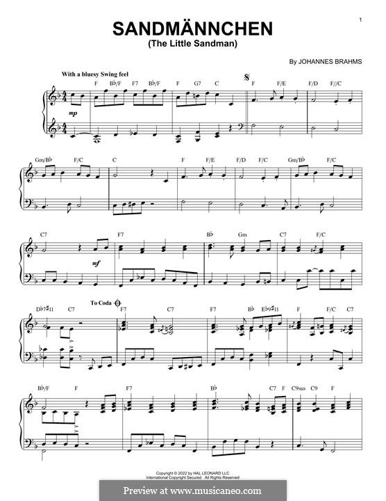 Volkskinderlieder, WoO 31: No.4 Sandmännchen (The Little Sandman), for piano (jazz version) by Johannes Brahms