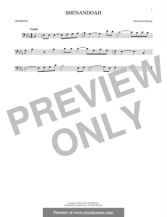 Oh Shenendoah (Shenandoah) Printable Scores: For trombone by folklore