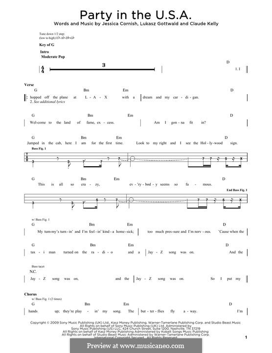 Party in the U.S.A. (Miley Cyrus): Für Bassgitarre mit Tabulatur by Claude Kelly, Jessica Cornish, Lukas Gottwald