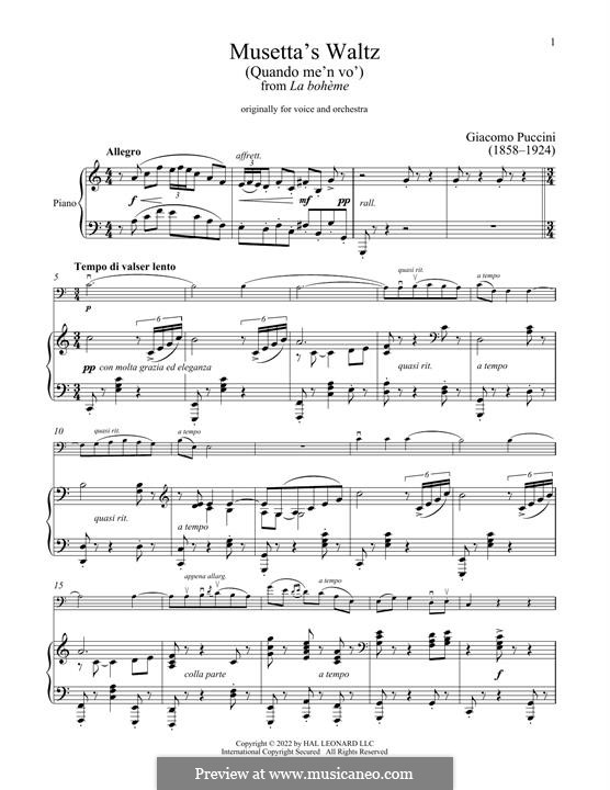 Quando men vo (Musetta's Waltz): Für Cello und Klavier by Giacomo Puccini