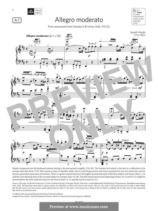 Sonate für Klavier Nr.47 in h-Moll, Hob.XVI/32: Allegro moderato by Joseph Haydn