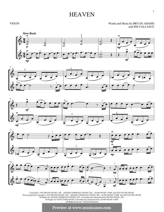 Heaven (DJ Sammy): Für zwei Violinen by Bryan Adams, Jim Vallance