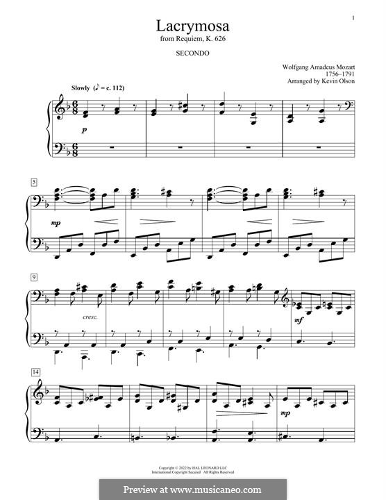 Lacrimosa: Für Klavier, vierhändig by Wolfgang Amadeus Mozart