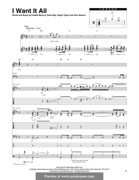 I Want it All (Queen): Transcribed score by Brian May, Freddie Mercury, John Deacon, Roger Taylor