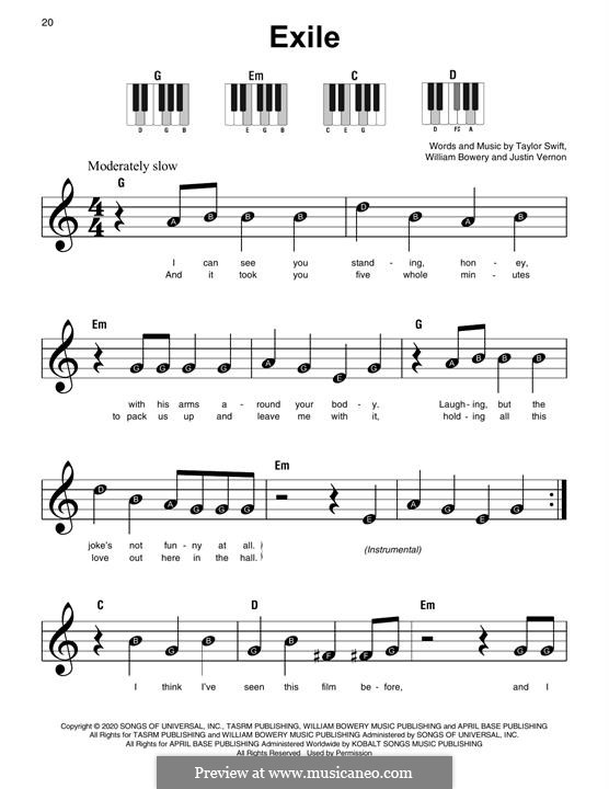 Exile (feat. Bon Iver): Für Klavier, leicht by Justin Vernon, Taylor Swift, William Bowery