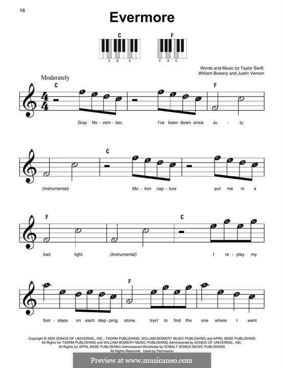 Evermore (feat. Bon Iver): Für Klavier, leicht by Justin Vernon, Taylor Swift, William Bowery