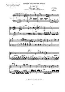 Konzert für Flöte und Orchester Nr.2 in D-Dur, K.314: Version for oboe and piano (C Major) by Wolfgang Amadeus Mozart