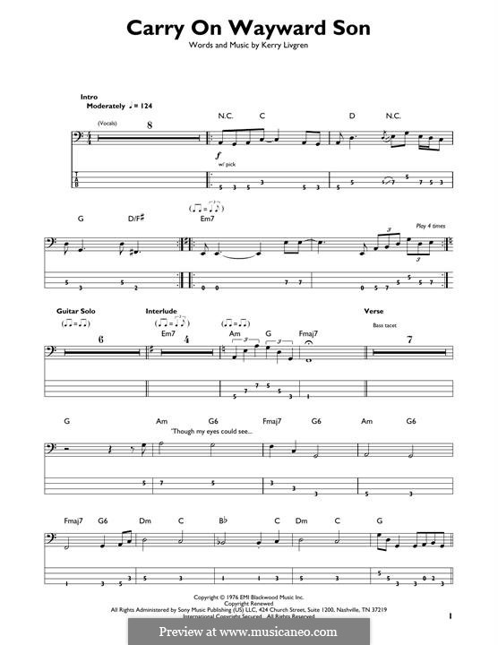 Carry on Wayward Son (Kansas): Für Bassgitarre mit Tabulatur by Kerry Livgren