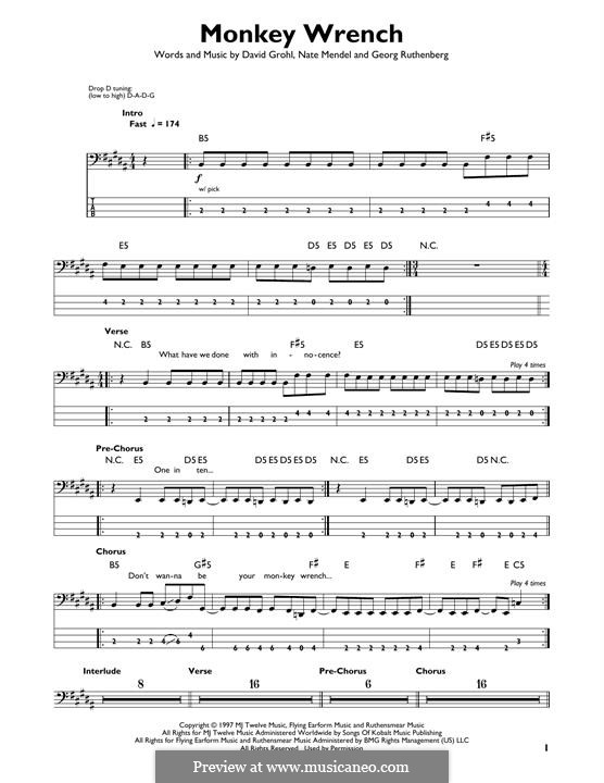 Monkey Wrench (Foo Fighters): Für Bassgitarre mit Tabulatur by David Grohl, Nate Mendel, Pat Smear