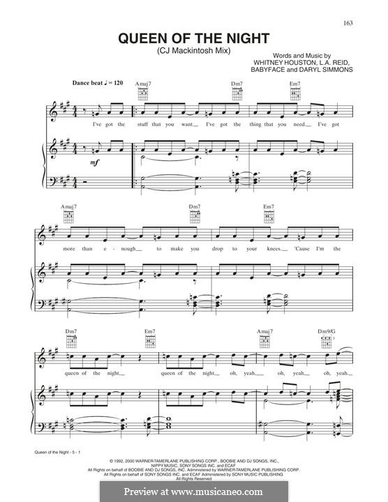 Queen Of The Night (Whitney Houston): Für Stimme und Klavier (oder Gitarre) by L.A. Reid, Kenneth 'Babyface' Edmonds