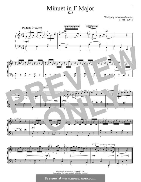 Menuett für Klavier in F-Dur, K.5: For a single perfomer by Wolfgang Amadeus Mozart