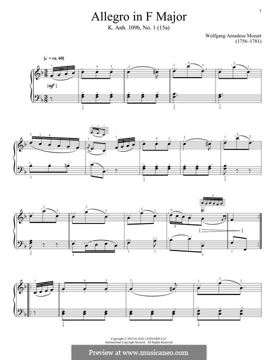 Allegro in F Major, K. Anh.109, No.1 (15a): Allegro in F Major by Wolfgang Amadeus Mozart