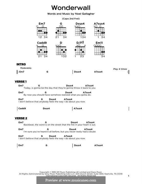 Wonderwall (Oasis): Lyrics and guitar chords by Noel Gallagher