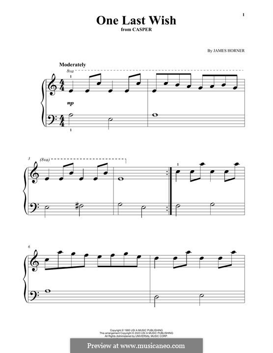One Last Wish (from Casper): Für Klavier, leicht by James Horner