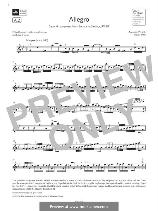 Sonata in G minor for Oboe and Harpsichord (or Piano), RV 28: Allegro, for violin by Antonio Vivaldi