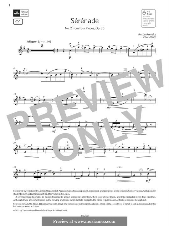 Vier Stücke für Violine und Klavier, Op.30: No.2 Serenade, for violin by Anton Arenski