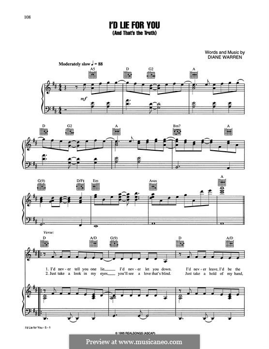 I'd Lie for You (and That's the Truth): Für Stimme und Klavier (oder Gitarre) by Diane Warren