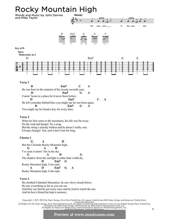 Rocky Mountain High: Lyrics and guitar chords by John Denver, Mike Taylor