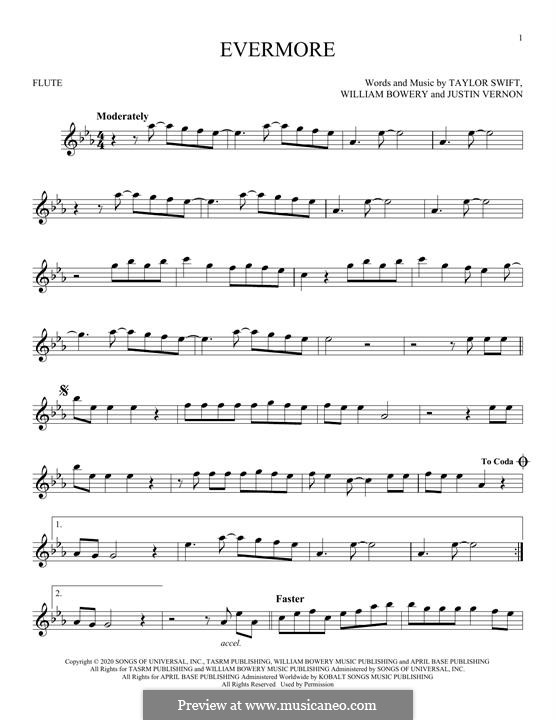 Evermore (feat. Bon Iver): Für Flöte by Justin Vernon, Taylor Swift, William Bowery
