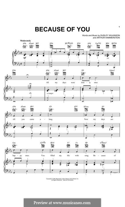 Because of You (Tony Bennett): Für Stimme und Klavier (oder Gitarre) by Arthur Hammerstein