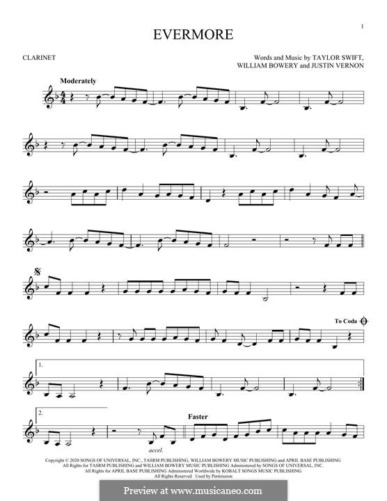 Evermore (feat. Bon Iver): Für Klarinette by Justin Vernon, Taylor Swift, William Bowery